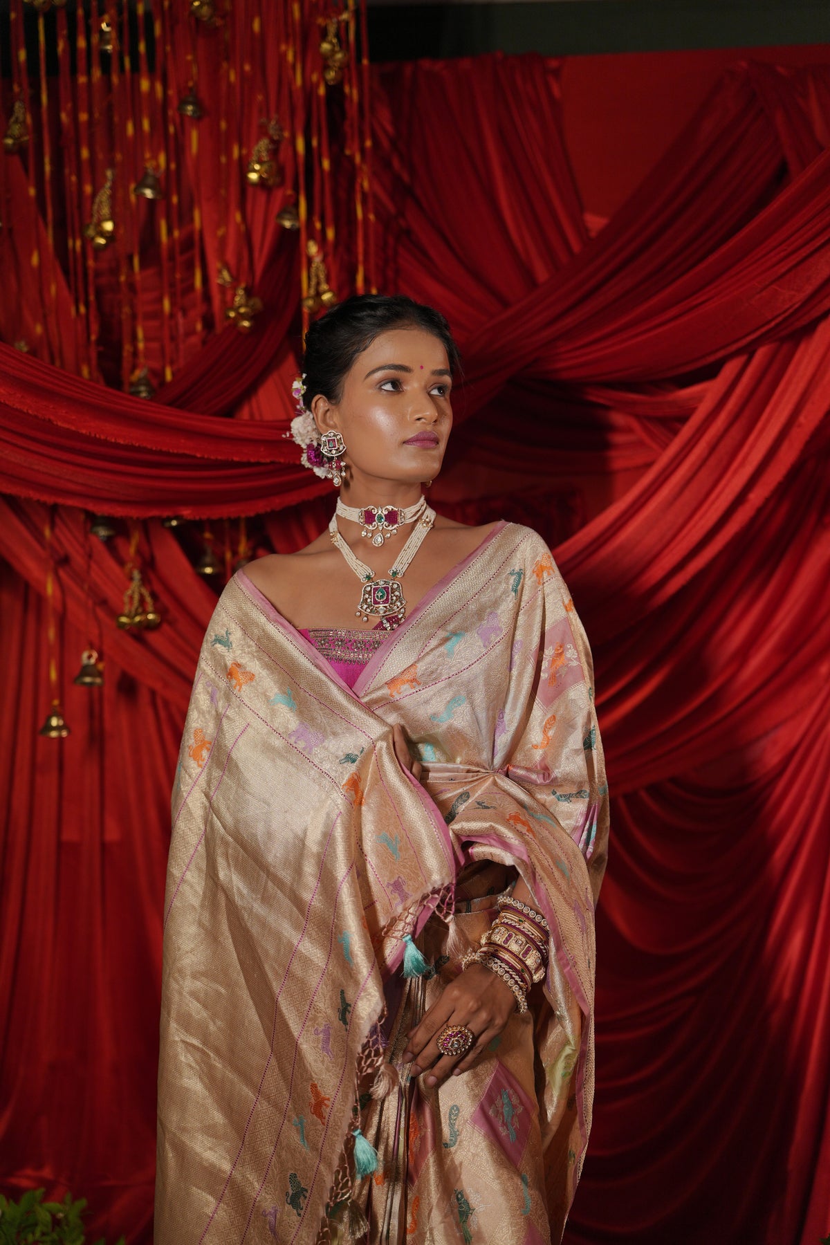 Champagne Gold Banarasi Silk Saree with Multicolour Woven Motifs