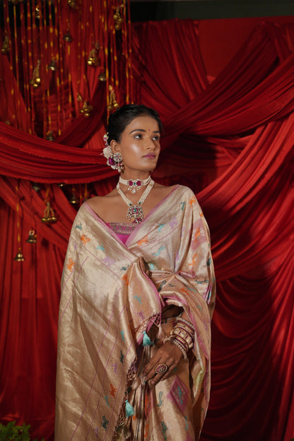 Champagne Gold Banarasi Silk Saree with Multicolour Woven Motifs