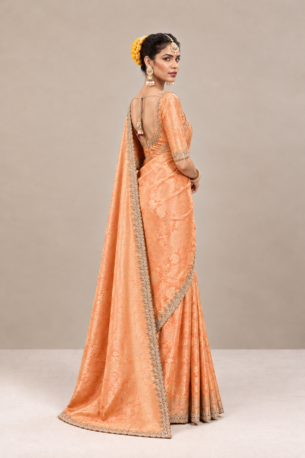 Peach Copper Woven Silk Saree with Intricate Zari Border