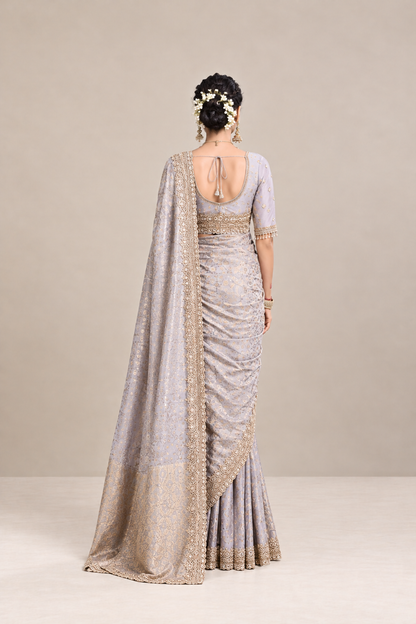 Lavender Silver Floral Woven Silk Saree with Gold Zari Border