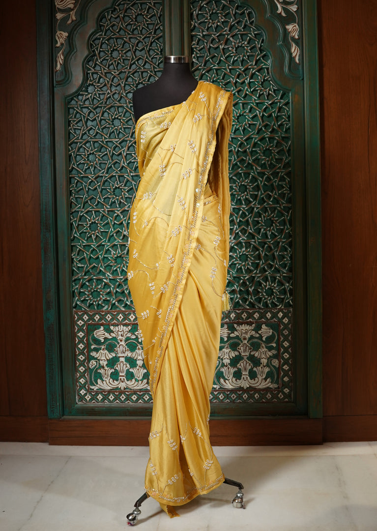 Sunshine Yellow Pearl Embroidered Designer Saree