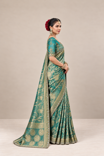 Teal Green Floral Woven Silk Saree with Gold Zari Border