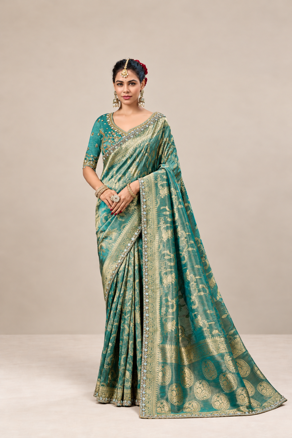 Teal Green Floral Woven Silk Saree with Gold Zari Border