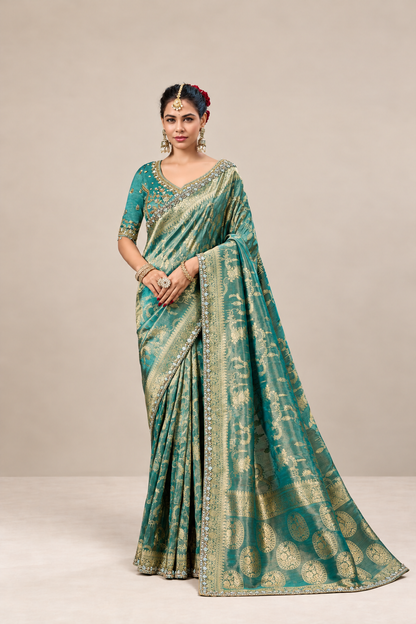Teal Green Floral Woven Silk Saree with Gold Zari Border