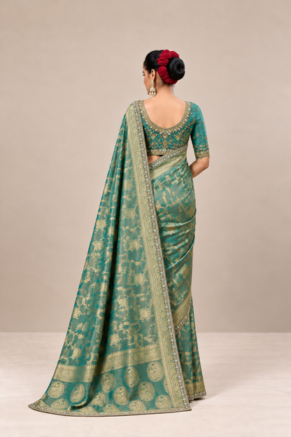 Teal Green Floral Woven Silk Saree with Gold Zari Border