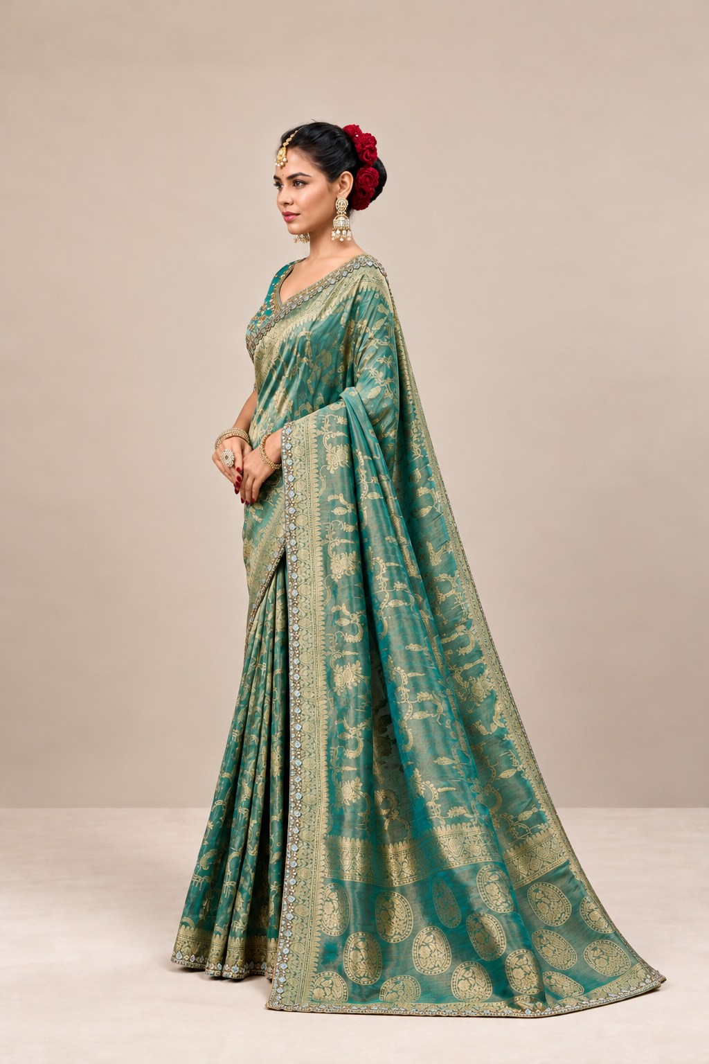 Teal Green Floral Woven Silk Saree with Gold Zari Border