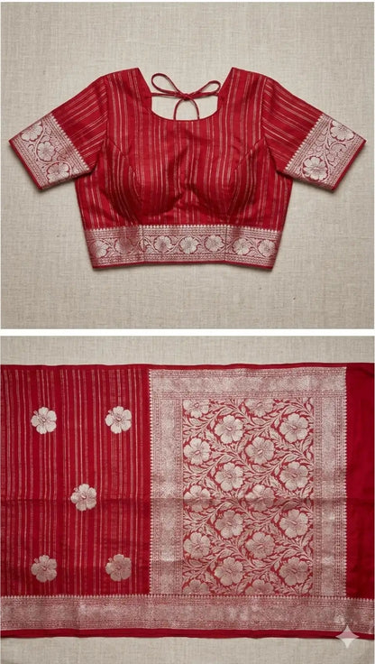 Crimson Bloom Tissue Silk Saree with Floral Print