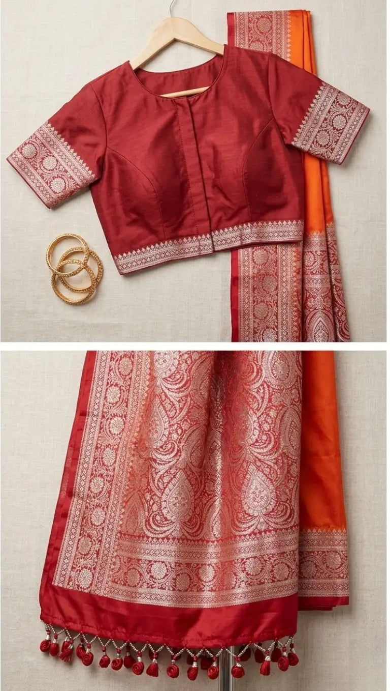 Sunset Glow Satin Silk Saree with Rich Zari Border