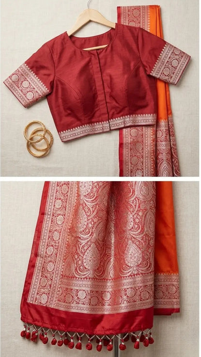 Sunset Glow Satin Silk Saree with Rich Zari Border