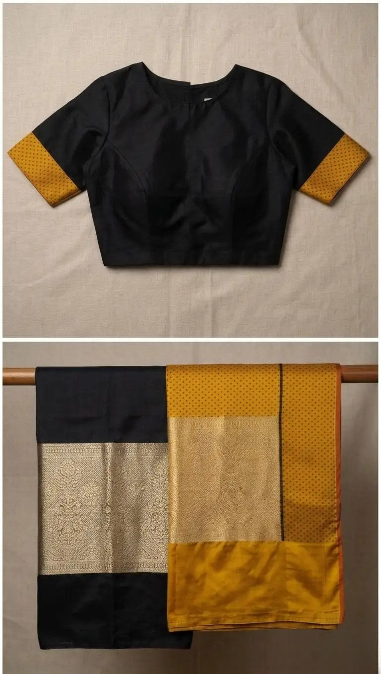 Black & Mustard Raw Mango Silk Saree with Zari Border