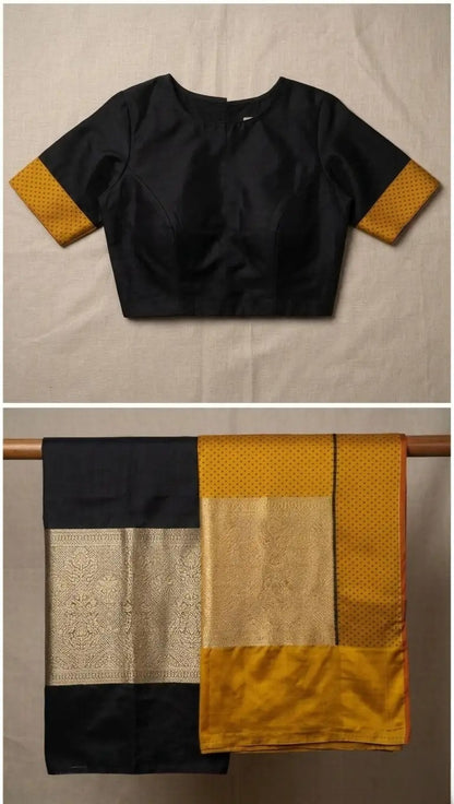 Black & Mustard Raw Mango Silk Saree with Zari Border