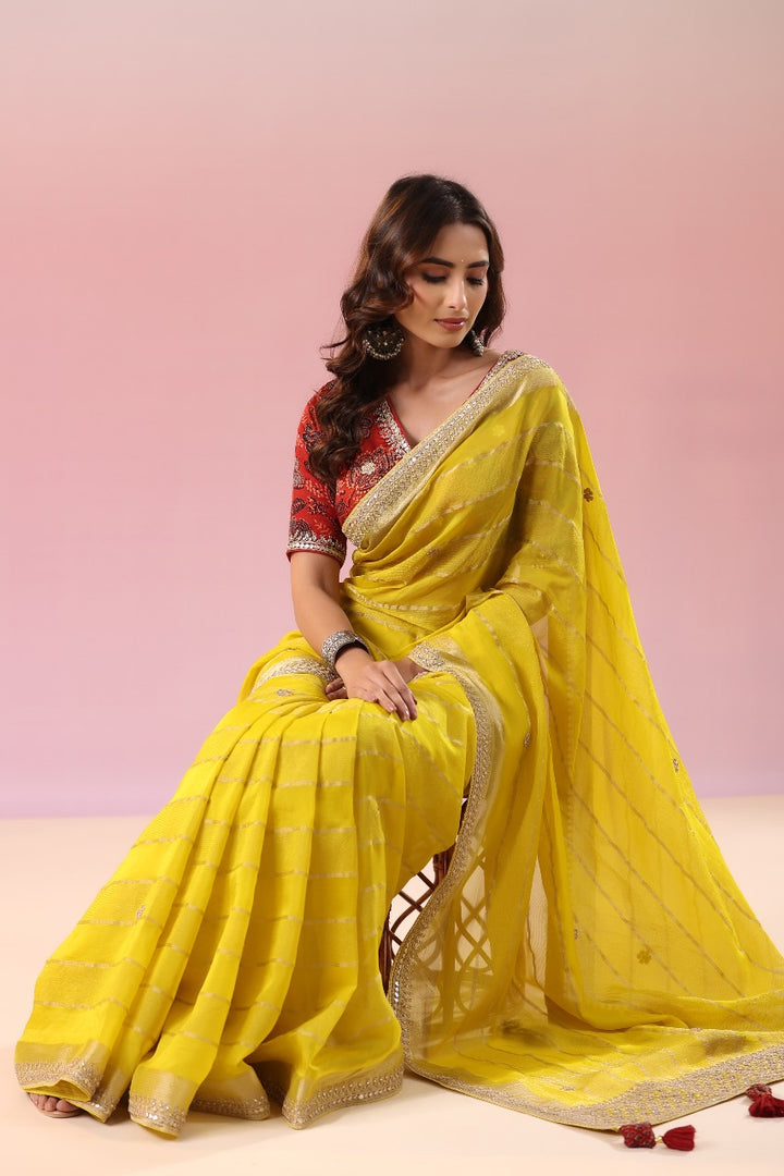 Sunshine Yellow Organza Saree With Golden Zari Work