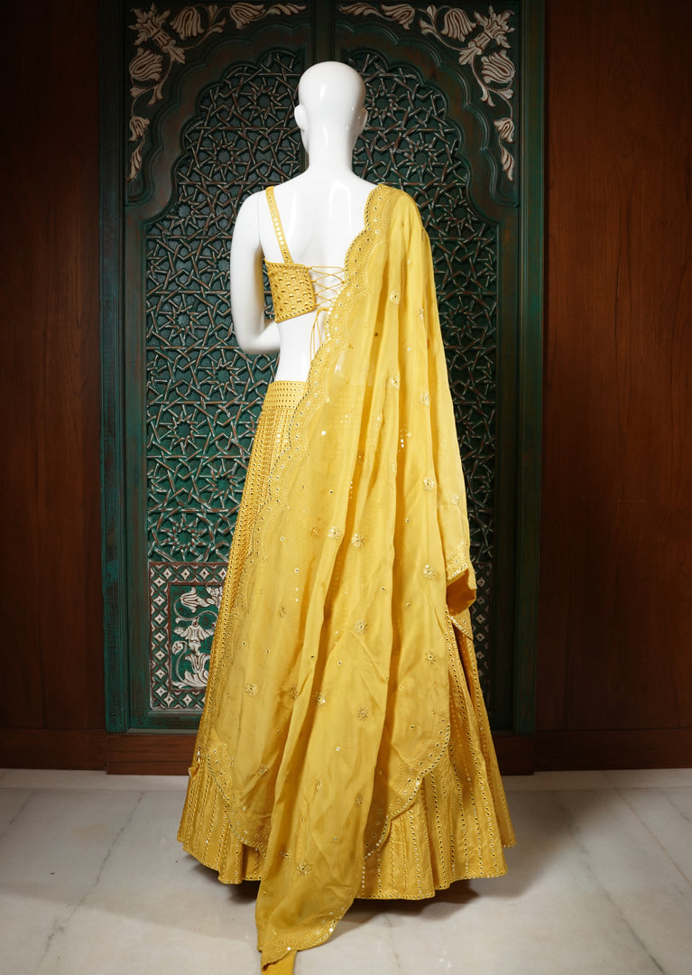 Yellow Mirror Work Lehenga Choli Set