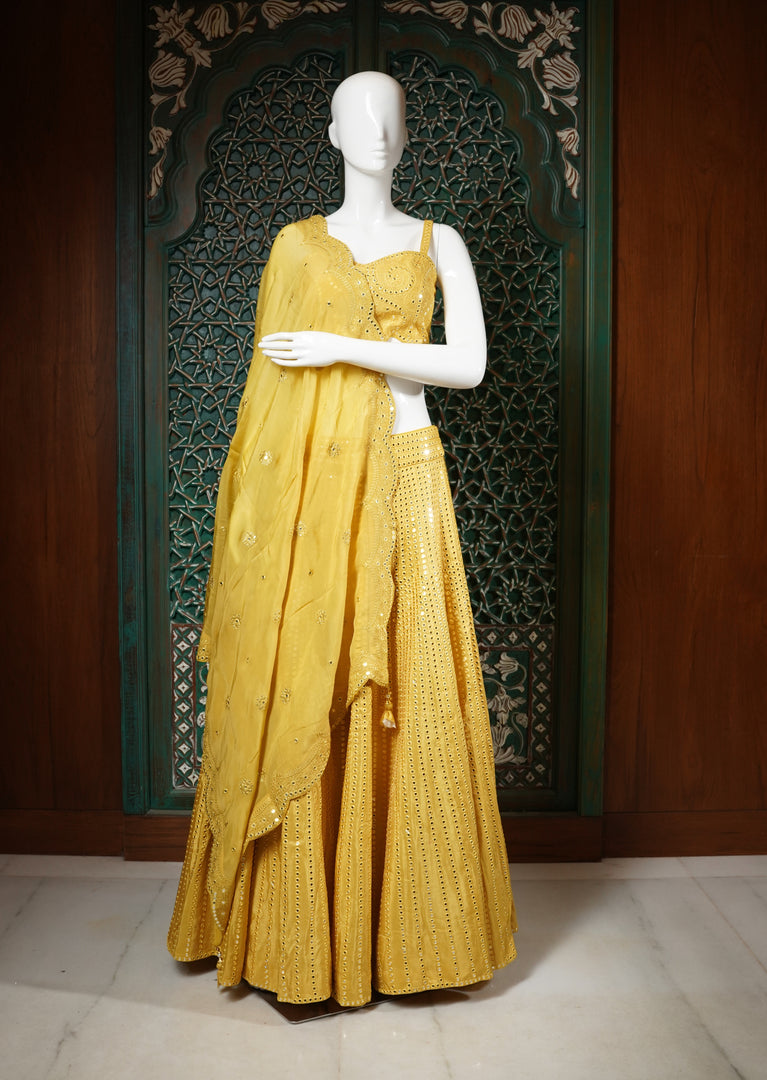 Yellow Mirror Work Lehenga Choli Set