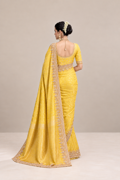 Golden Yellow Floral Woven Silk Saree with Embellished Zari Border