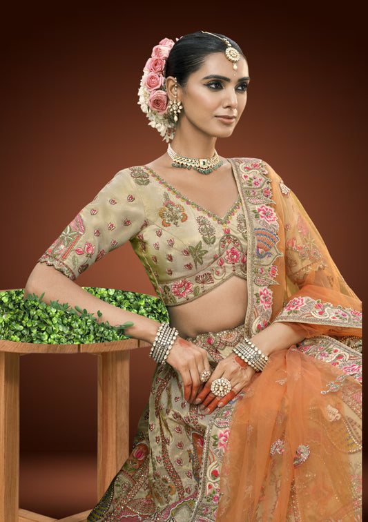 Traditional Tissue Silk Bridal Lehenga with Intricate Machine Embroidery