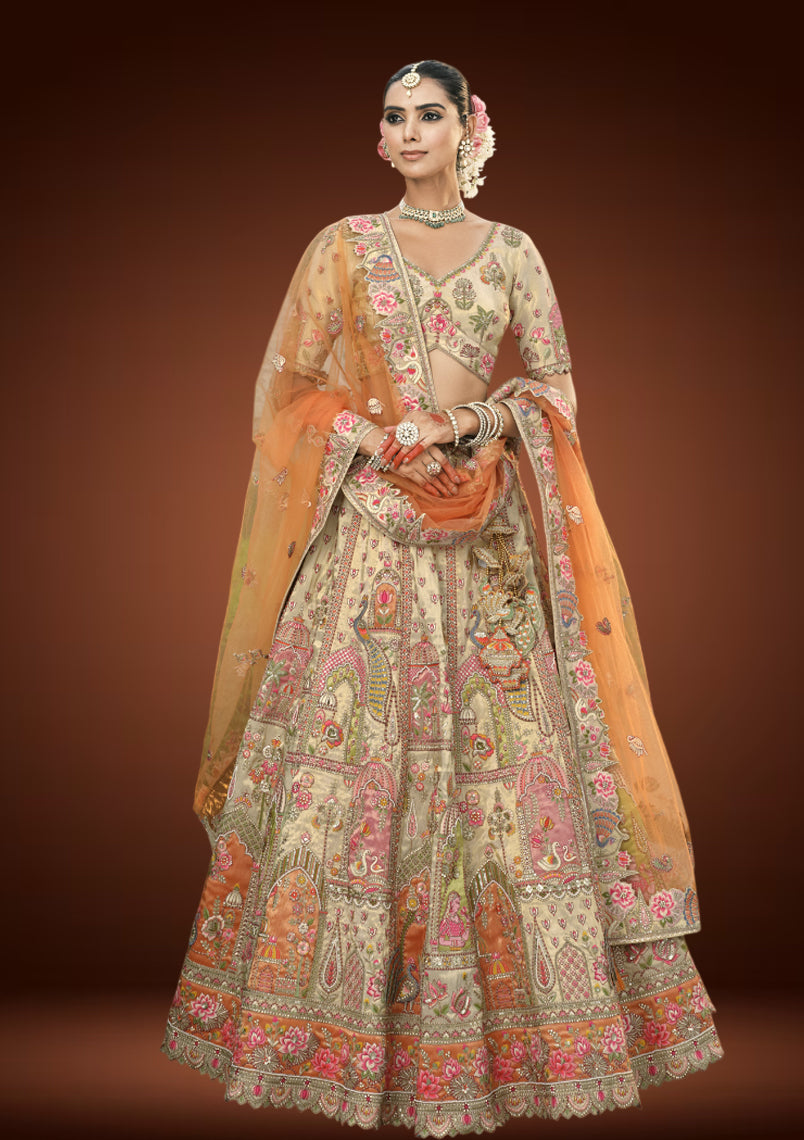 Traditional Tissue Silk Bridal Lehenga with Intricate Machine Embroidery