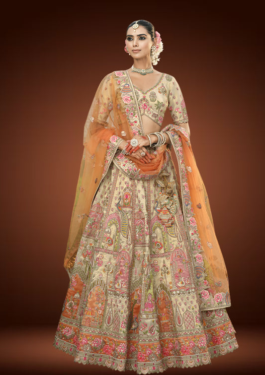 Traditional Tissue Silk Bridal Lehenga with Intricate Machine Embroidery