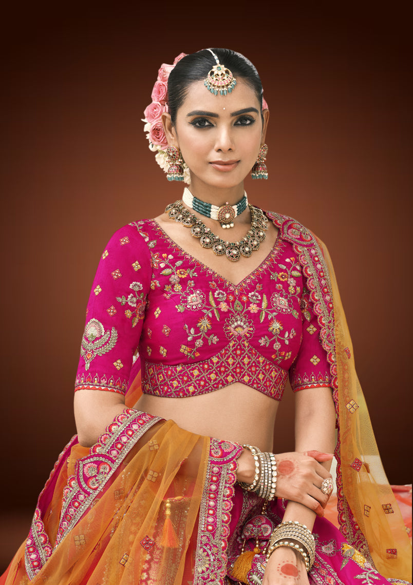 Raw Silk Multicolor Embroidered Chaniya Choli