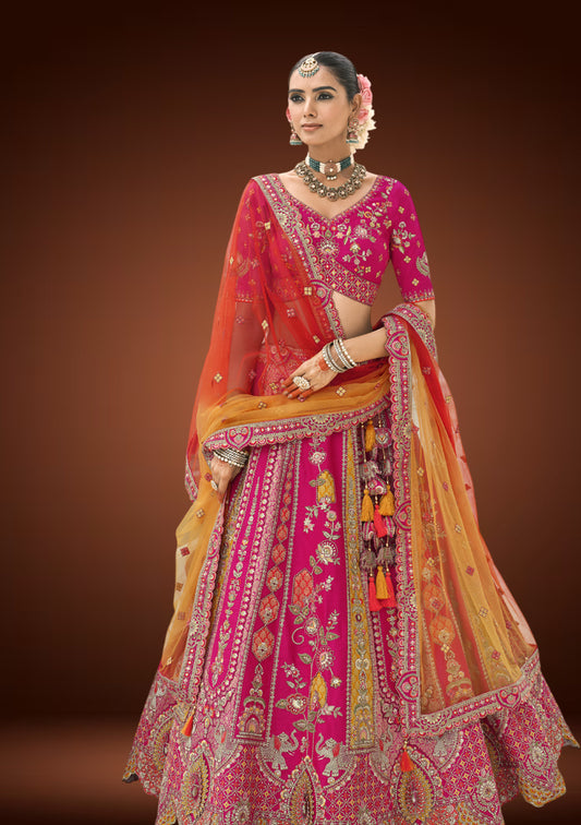 Raw Silk Multicolor Embroidered Chaniya Choli