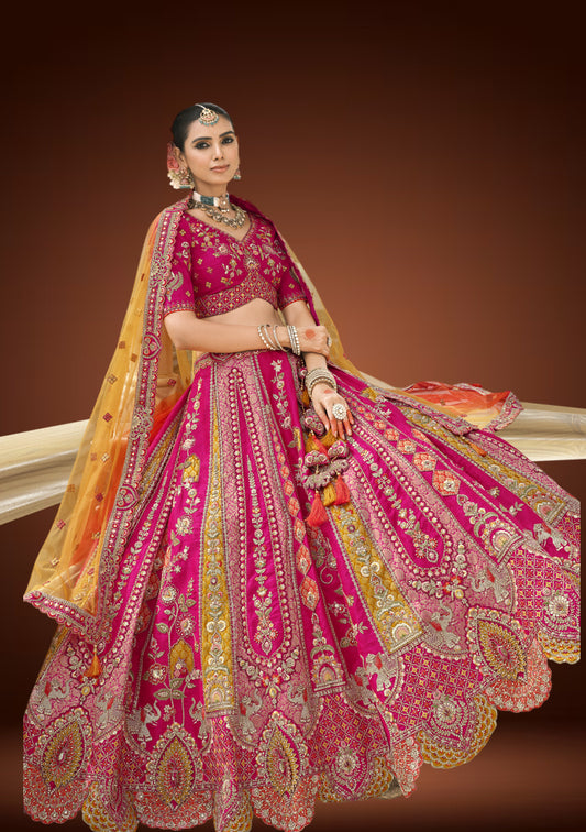 Raw Silk Multicolor Embroidered Chaniya Choli