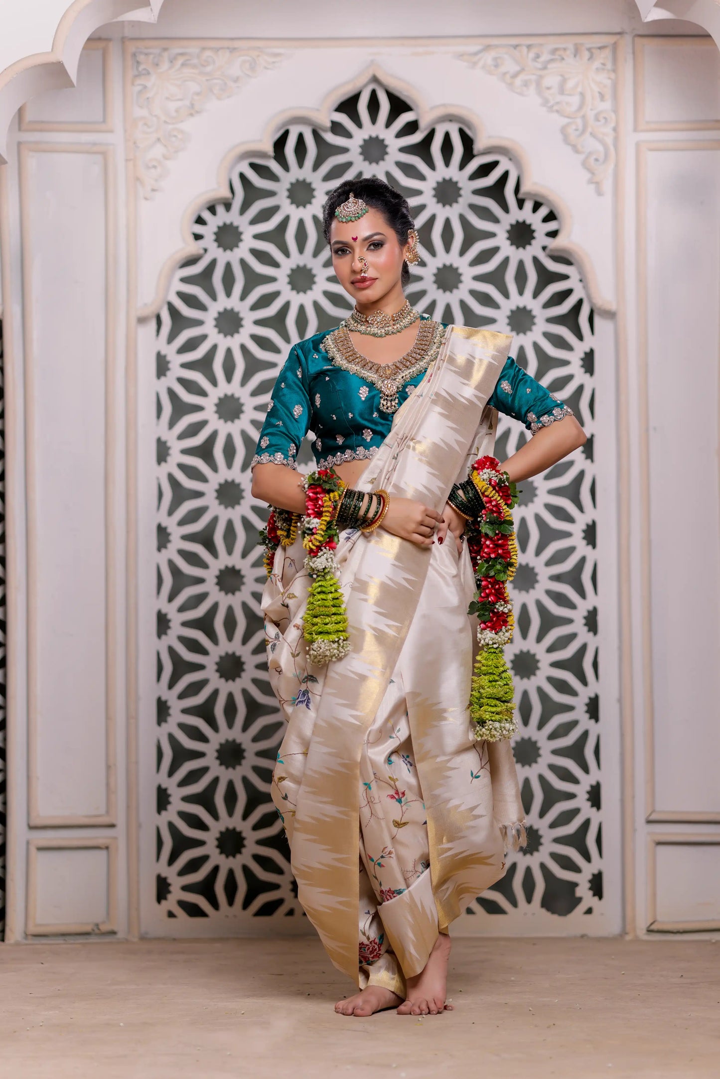 Ivory Elegance Kanjivaram Silk Saree with Resham Cross Stitch Work