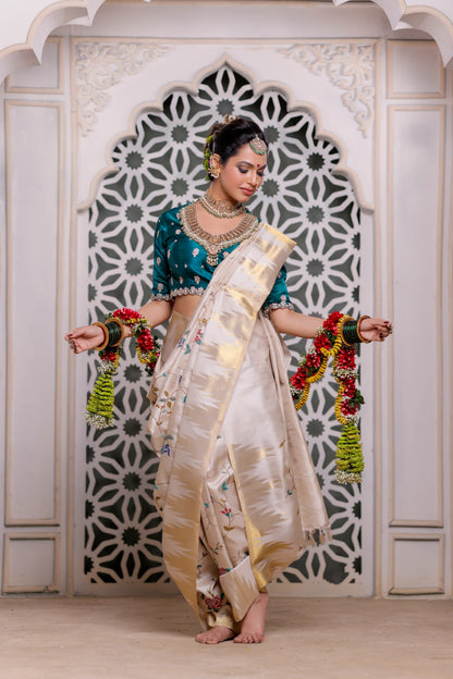 Ivory Elegance Kanjivaram Silk Saree with Resham Cross Stitch Work