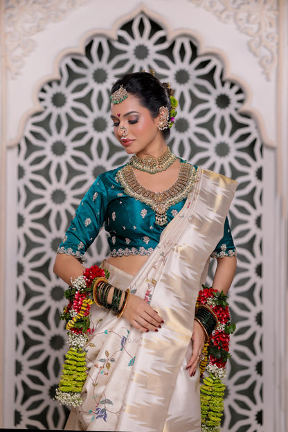 Ivory Elegance Kanjivaram Silk Saree with Resham Cross Stitch Work