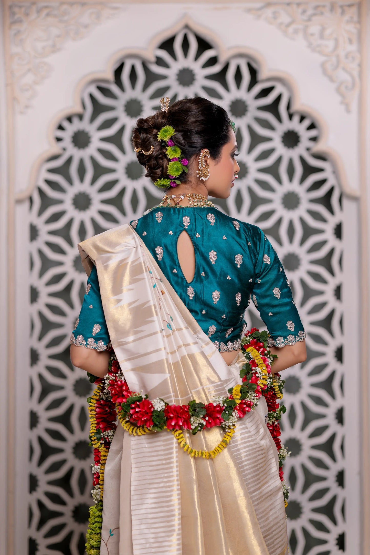 Ivory Elegance Kanjivaram Silk Saree with Resham Cross Stitch Work