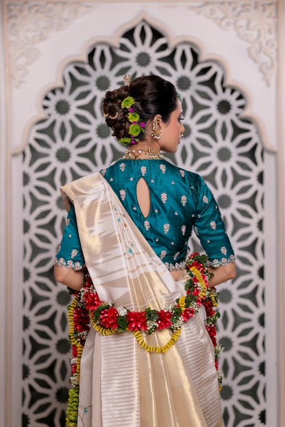 Ivory Elegance Kanjivaram Silk Saree with Resham Cross Stitch Work