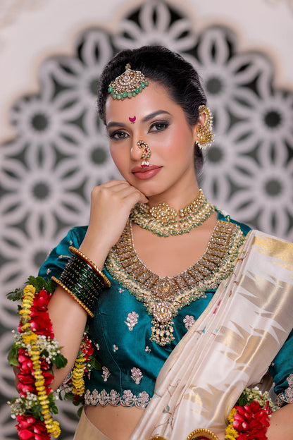 Ivory Elegance Kanjivaram Silk Saree with Resham Cross Stitch Work
