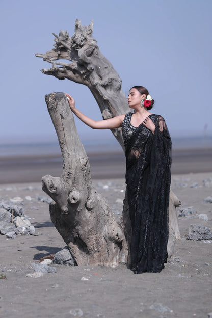 Midnight Noir Net Saree with Sequins & Self Pearl Work