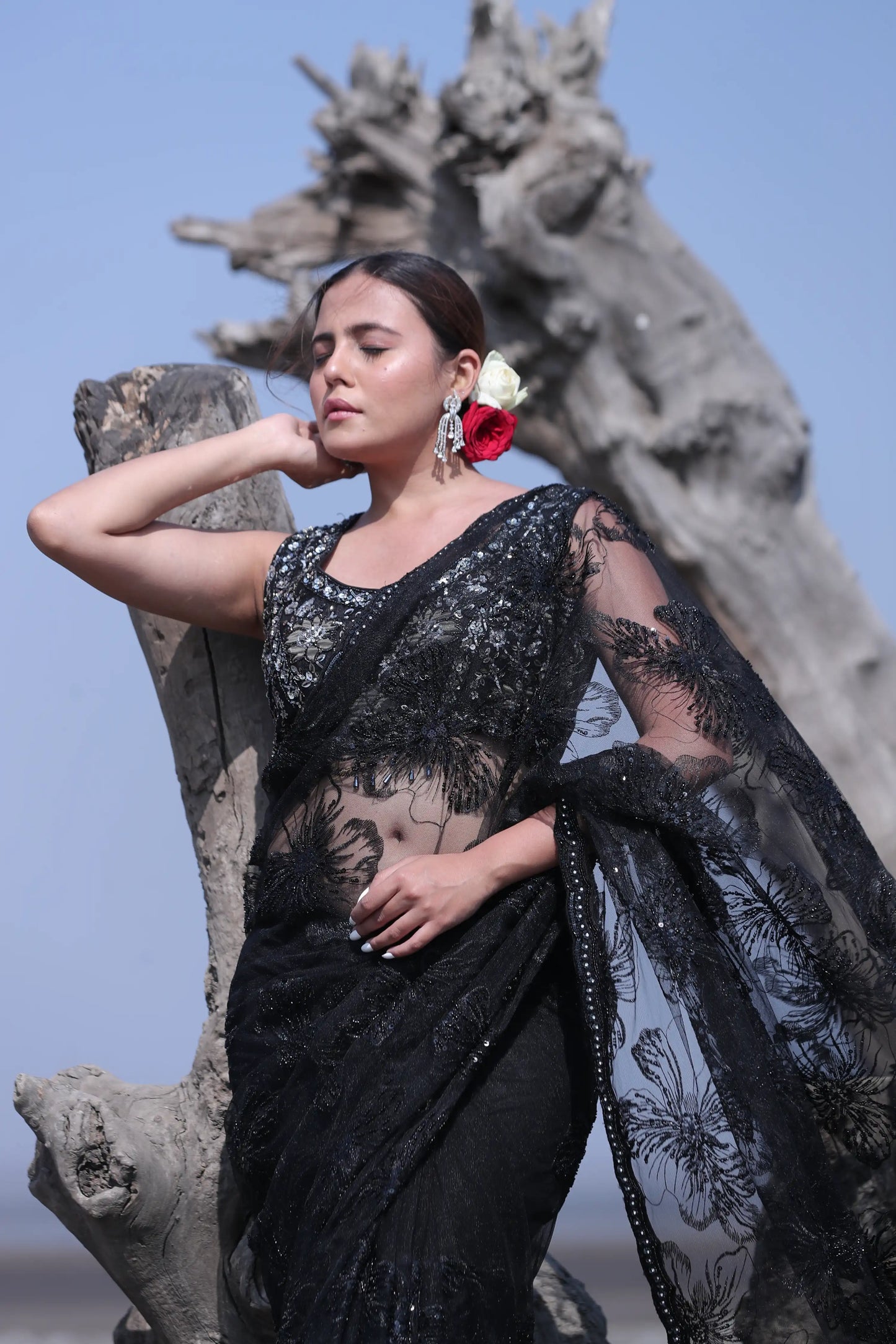 Midnight Noir Net Saree with Sequins & Self Pearl Work