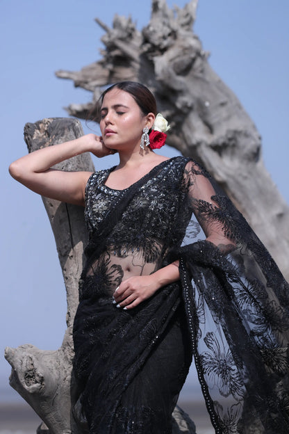 Midnight Noir Net Saree with Sequins & Self Pearl Work