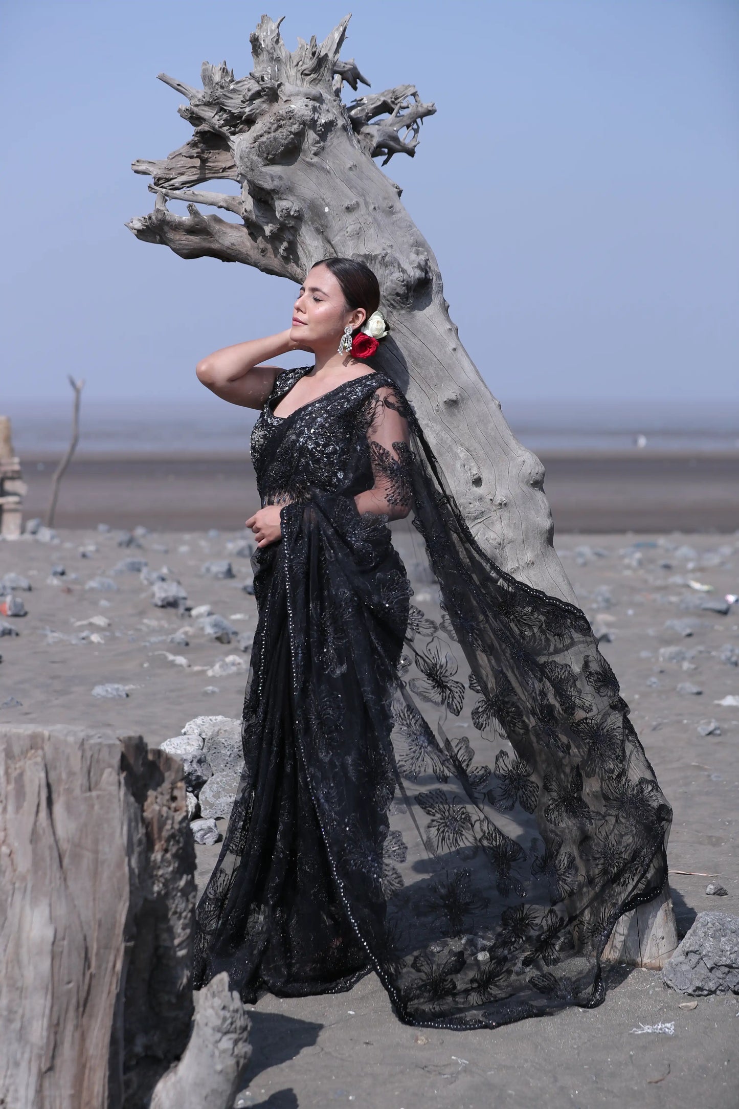Midnight Noir Net Saree with Sequins & Self Pearl Work