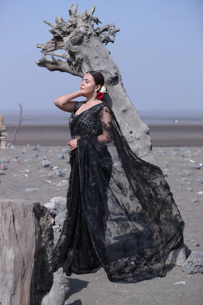 Midnight Noir Net Saree with Sequins & Self Pearl Work