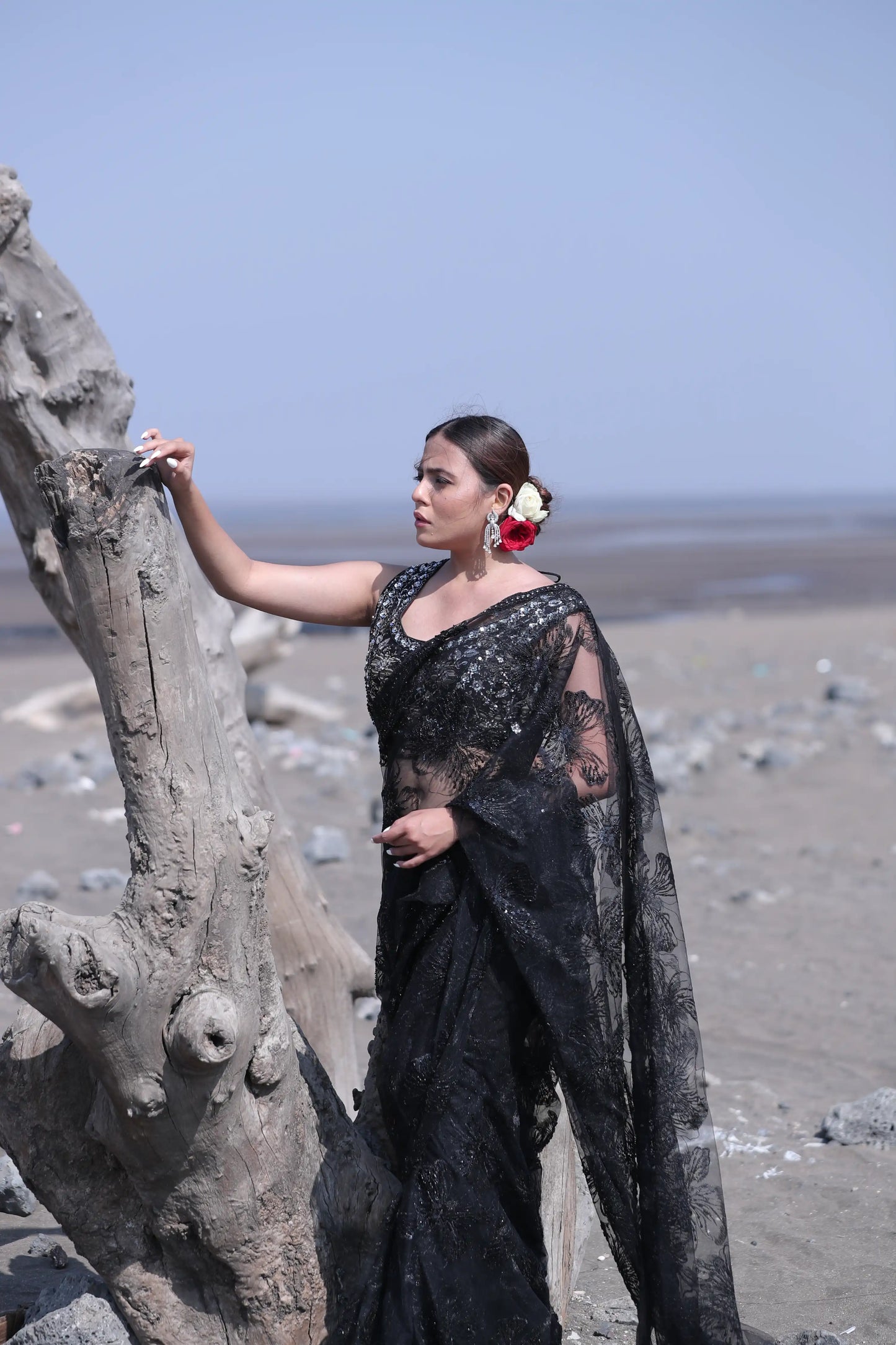 Midnight Noir Net Saree with Sequins & Self Pearl Work