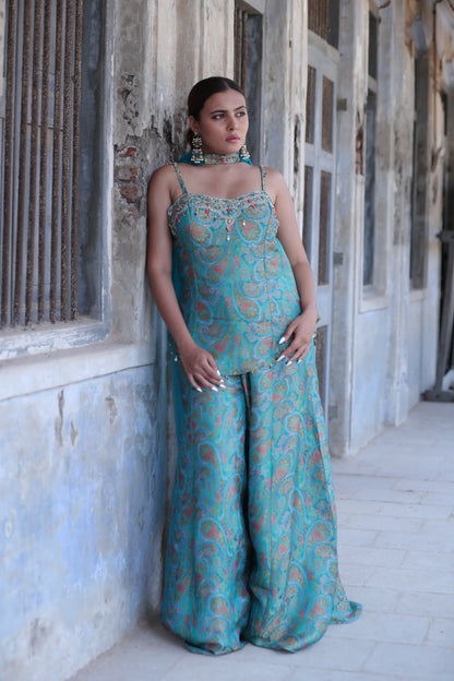 Peach Mirage Brocade Co-Ord Set with Pearl & Bead Work