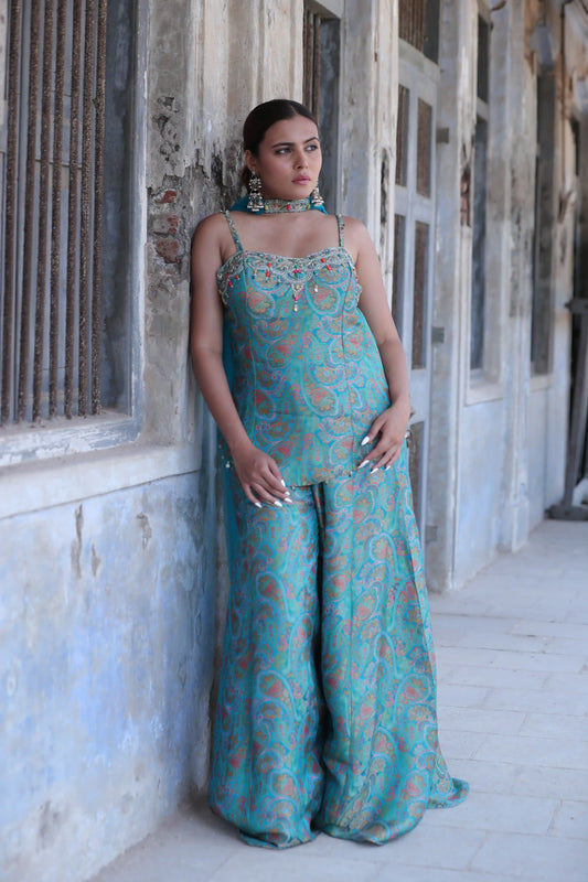Peach Mirage Brocade Co-Ord Set with Pearl & Bead Work