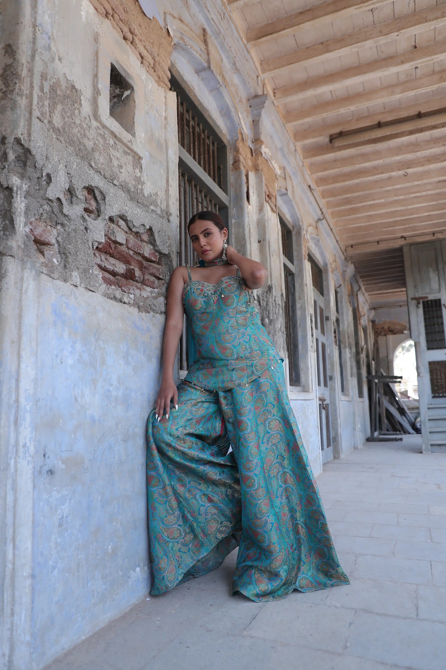 Peach Mirage Brocade Co-Ord Set with Pearl & Bead Work