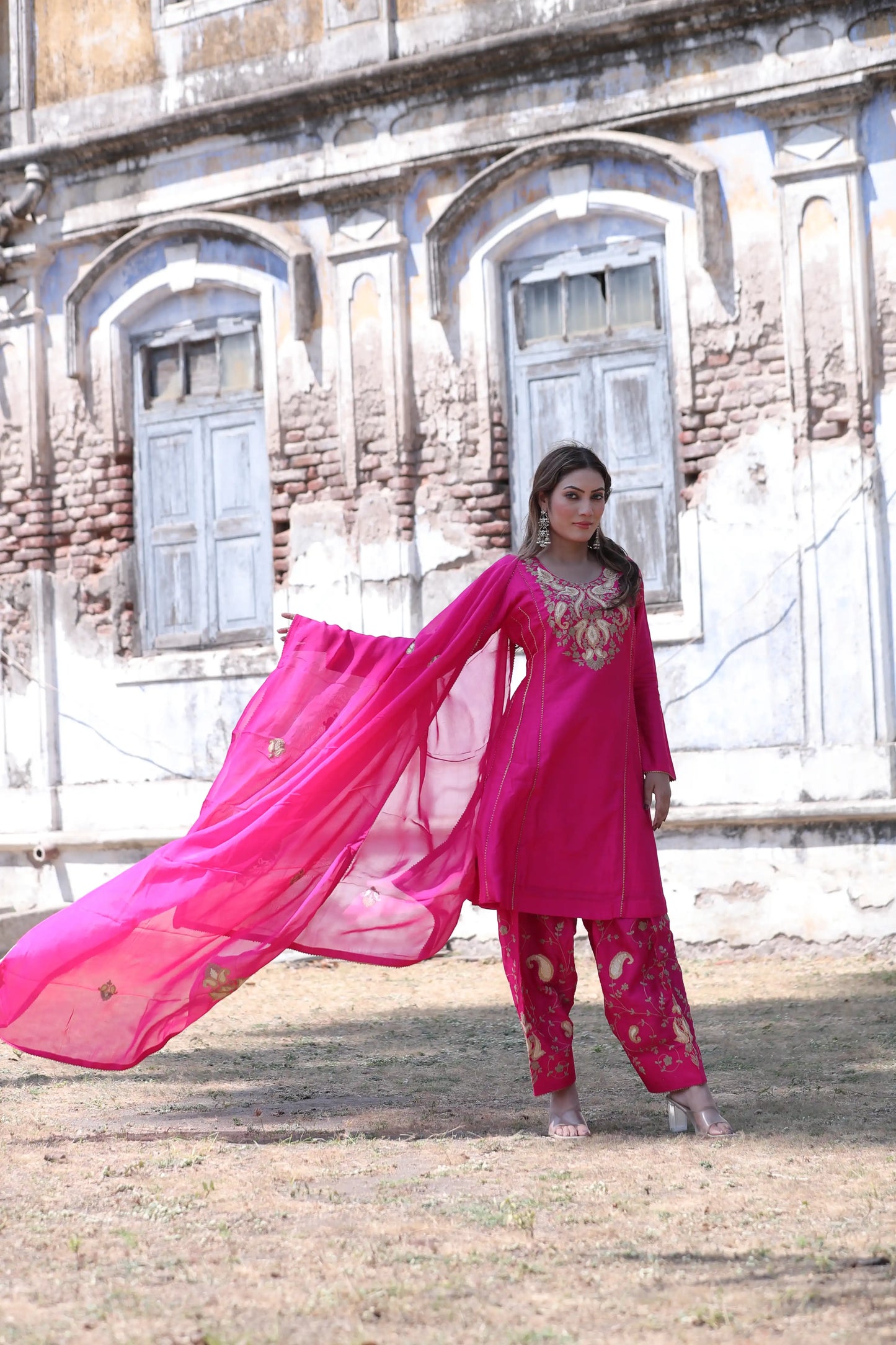 Rani Pink Silk Kurta Set with Pita Work