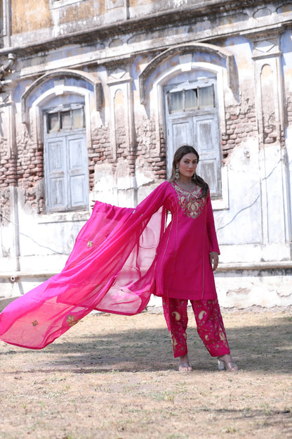 Rani Pink Silk Kurta Set with Pita Work