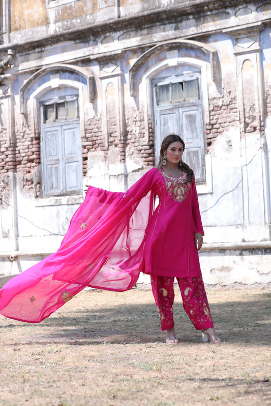 Rani Pink Silk Kurta Set with Pita Work