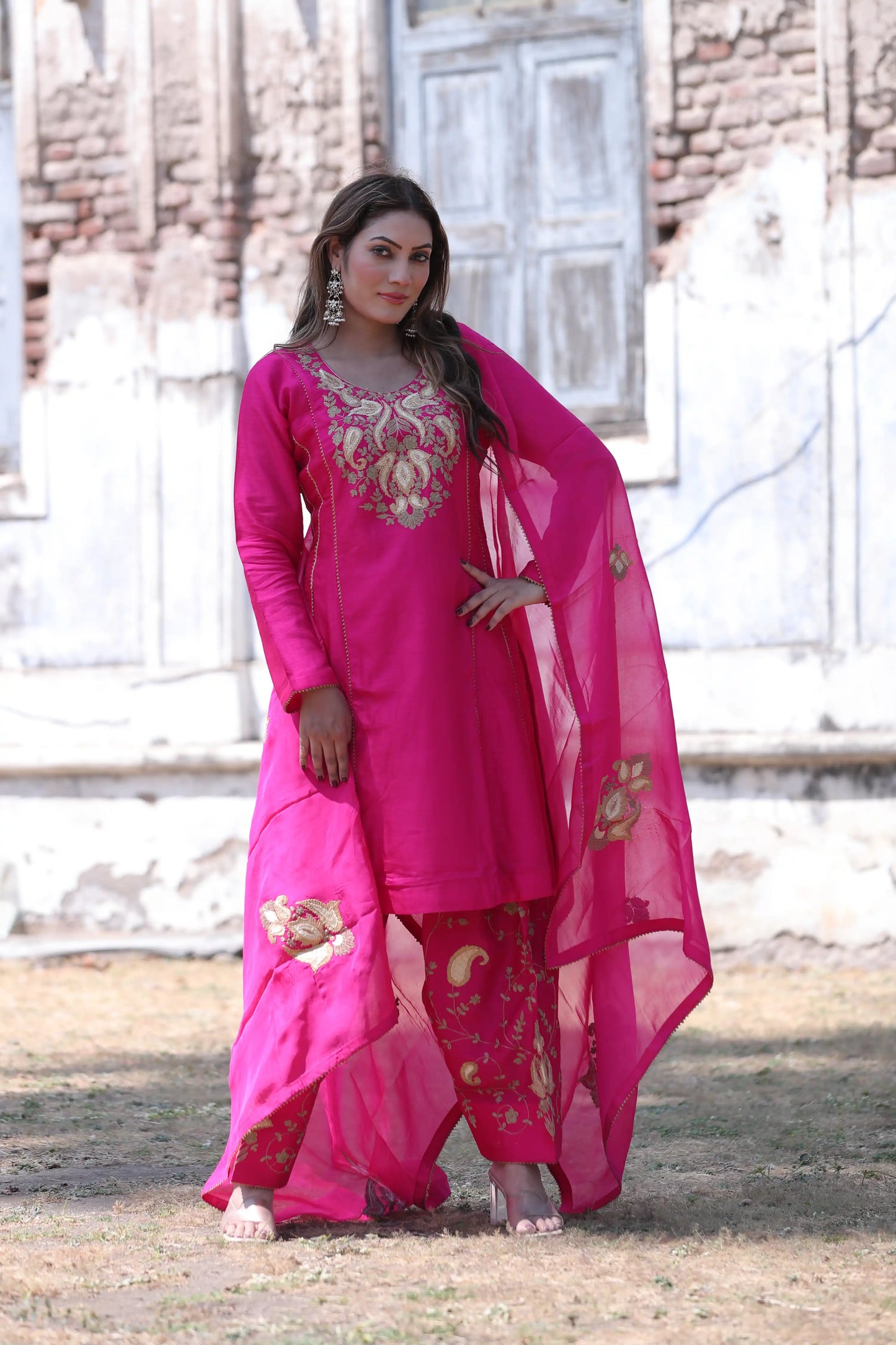 Rani Pink Silk Kurta Set with Pita Work