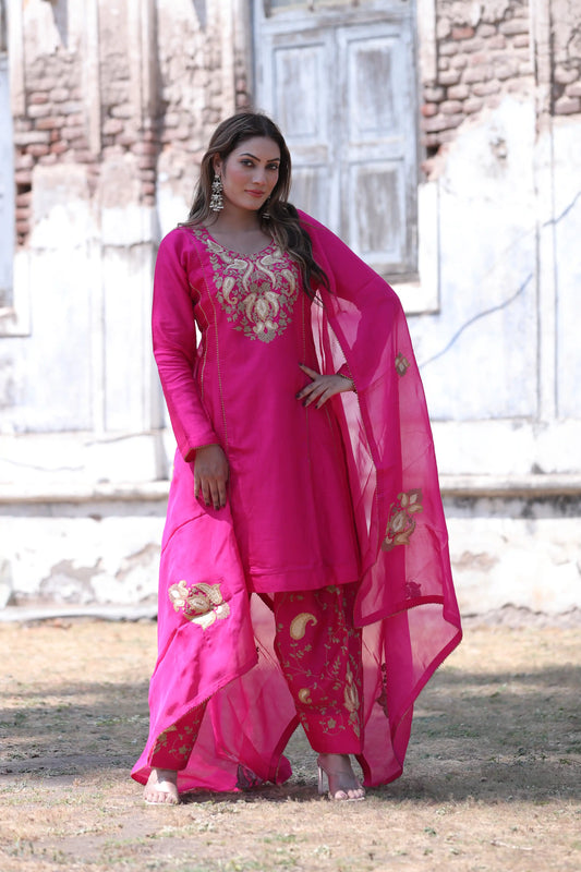Rani Pink Silk Kurta Set with Pita Work
