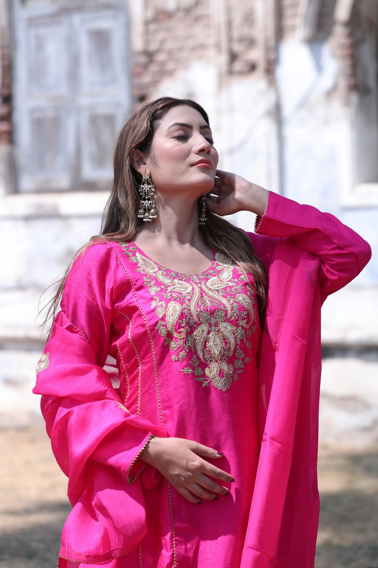 Rani Pink Silk Kurta Set with Pita Work