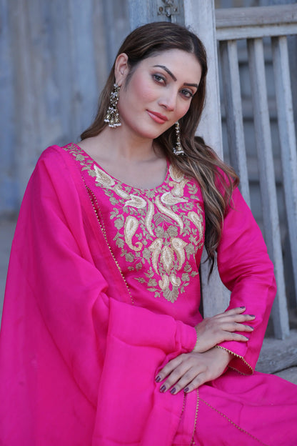 Rani Pink Silk Kurta Set with Pita Work