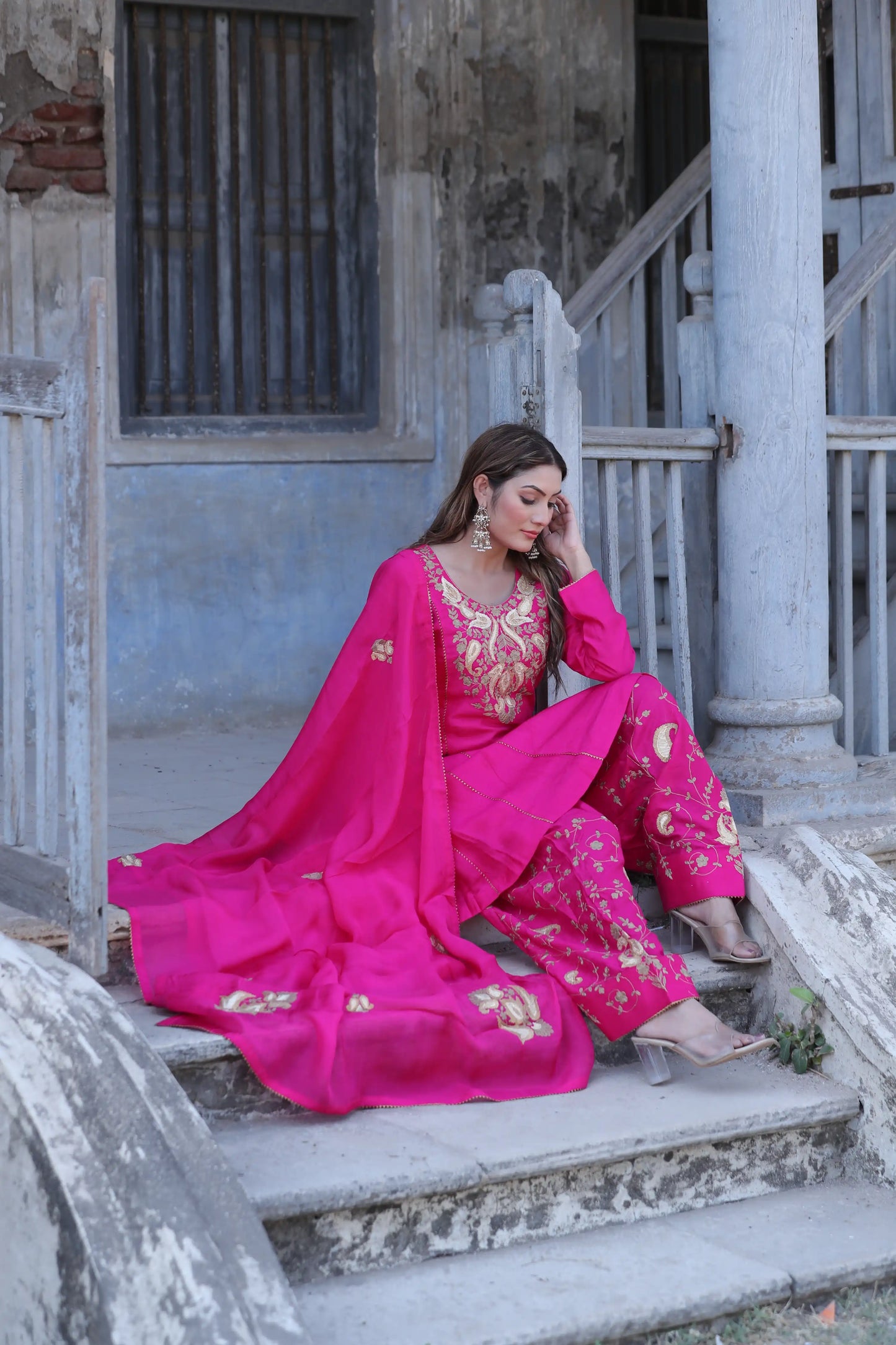 Rani Pink Silk Kurta Set with Pita Work