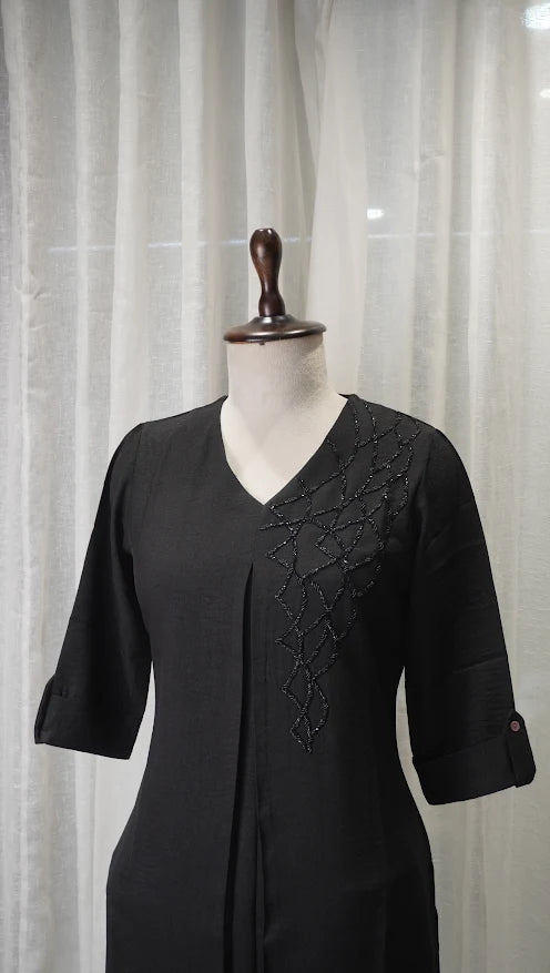 Classic Black Linen Kurta Set with Neck Work