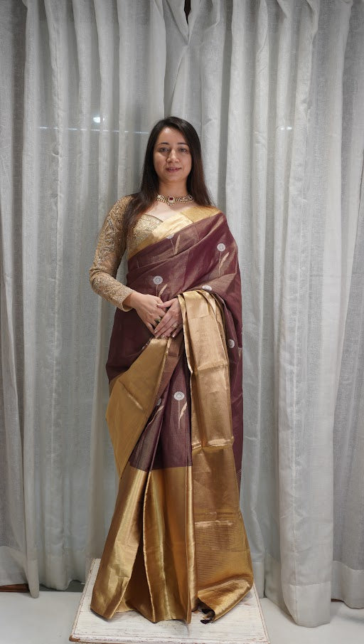 Royal Wine Tissue Silk Saree with Heavy Zari Border & Tassels